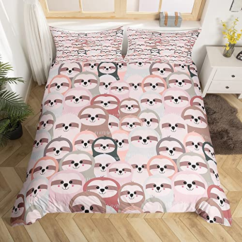 Homemissing, Set di biancheria da letto con simpatico disegno di bradipo, per bambini, ragazzi e ragazze, 3D, copripiumino con animale, copriletto rosa e grigio, 3 pezzi, per letto king size