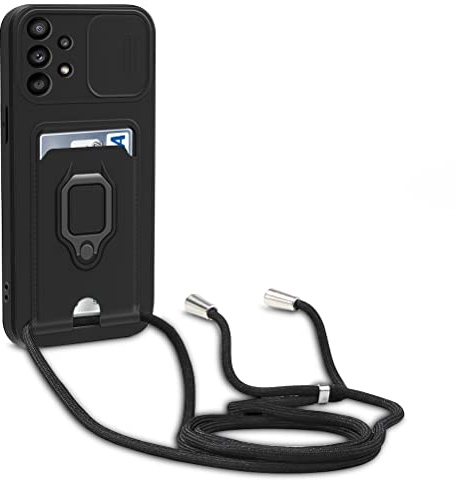 yanasuo Schiebe Kameraschutz Silikon Handykette Hülle kompatibel mit Samsung Galaxy A52 (4G/5G) / A52s 5G, Metall Ring Halter Handy Cover,Verstellbarer Halskette Handyhülle-Schwarz