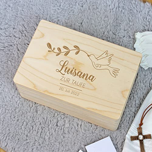 LittleStars Erinnerungskiste Taube personalisiert zur Taufe I aus Kiefern-Holz I 30x20x14 cm