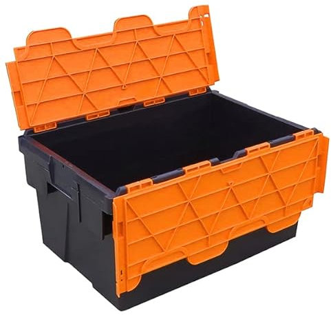 Plastor Pack of 1 - Plastic 55 Litre Heavy Duty Storage Box Tote Crates (60 x 40 x 30.6cm) Black with Orange Attached Hinged Lids