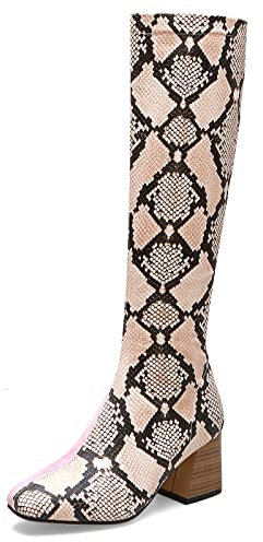 Lizoleor Donna Inverno Moda Knee Snakeskin Stivali Equitazione Largo Fit Festa Sqaure Toe Pelle Lined Stivali Equitazione Rosa Numero 44 EU/46Cn