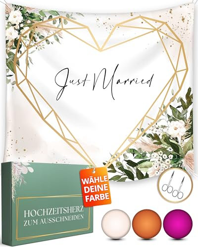 Hochzeitsherz zum Ausschneiden inkl. 2 gratis Scheren als Standesamt Überraschung oder Hochzeitsspiel für das Brautpaar - Das Hochzeitslaken entspricht dem modernen Boho Eukalyptus Stil - 200x180cm