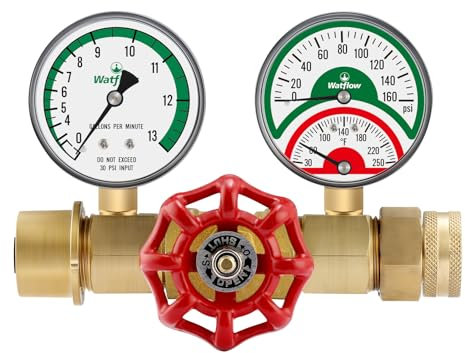 Watflow Water Flow Gauge, Temperature and Pressure Test Assembly, 0-160psi,0-13 GPM, 3/4 Female Hose Thread.