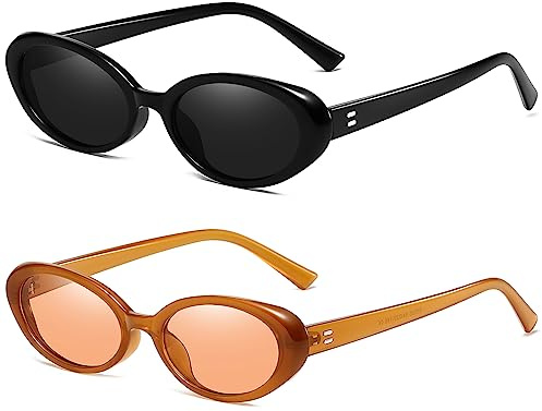 Breaksun Ovale Retro-Sonnenbrille für Damen und Herren, modisch, klein, oval, 90er-Jahre-Stil, Vintage-Schattierungen, 2er-Pack (A3, Schwarz/Grau + Braun/Braun), MM