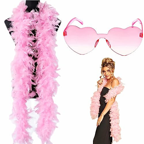 Bunte Federboas (Rosa), 2 m Federboa mit randloser Sonnenbrille (Rosa) für Frauen zum Tanzen, Hochzeit, Party, Cosplay, Halloween, Weihnachten, Federboas für Frauen und Mädchen (Rosa)