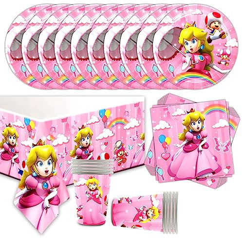 41 Geburtstag Party Supplies Set, Super Princess Peach Partygeschirr, Kindergeburtstag Mädchen Party Geschirr, Teller, Tassen, Servietten, Tischtuch für Kindergeburtstag, Ausreichend für 10 Gäste