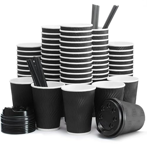A406 8oz Disposable Paper Cups Ripple Cups Black, 3ply Kraft Coffee Cups Paper Coffee Cup with Lid Tripple Insulated Coffee Cups x 100 (Black, No Lid)