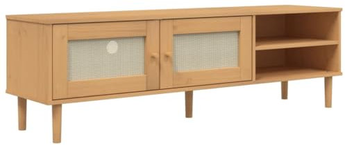 vidaXL TV Schrank, Fernsehschrank mit 3 Fächern 2 Türen, Lowboard HiFi Schrank mit Rattan-Optik, Fernsehtisch TV Möbel, Braun Kiefernholz
