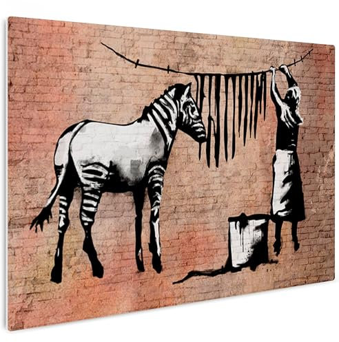 HEALANCY Bilder Banksy Street Art - KOMPLETT AUFHÄNGFERTIG - Wandbilder Wohnzimmer - Deko Modern - Schlafzimmer - Kunstdruck Wanddeko Küche - Zebra Tiere Graffiti