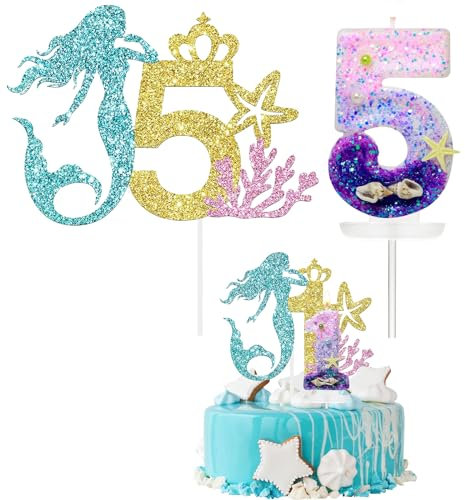 Mermaid Happy Birthday Cake Topper & Number 5 Candle, Cupcake Toppers & Candles - 5th Birthday Cake Decorations for Girls