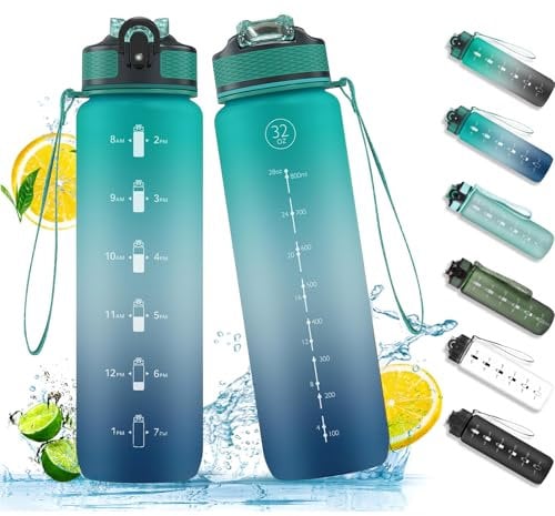NAVTUE 1L Water Bottle with Straw, Sports Drinks Bottle with Time Markings, Leak Proof, Tritan BPA free for School/Cycling/Running (Green Blue)