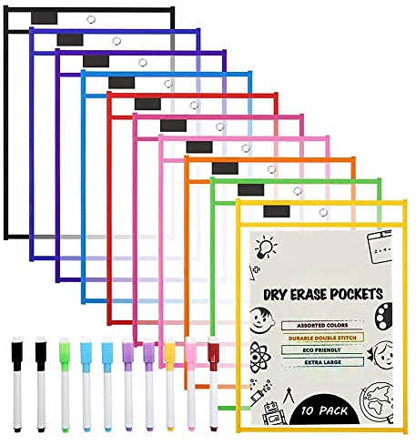 Yuattory Dry Erase Pockets Sleeves, (10 Pack) A4 Paper Job Ticket Holders, Reusable Dry Erase Sheets for Classroom Worksheets