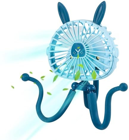 Ventilador Cochecito, Ventilador De Cochecito Con Orejas De conejos, Ventilador Bebe, Fan For Baby Stroller, 3 Velocidades Recargable Ventilador USB Para Cochecito, Para Cochecito/Cuna/Camping, Azul