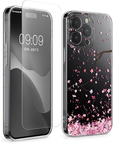 kwmobile Custodia Morbida Compatibile con Apple iPhone 15 Pro Max Cover - Case Trasparente e Pellicola Vetro Temperato - Protezione Schermo - Pioggia di petali