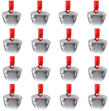 Marrywindix 16 Stück Weihnachtsglocken 3,8 cm silberne Glocken Ornamente Bulk Polar Express Glocke mit rotem Band Weihnachten hängende Glocke Dekoration für Weihnachtsbaum Dekoration Party Geschenke