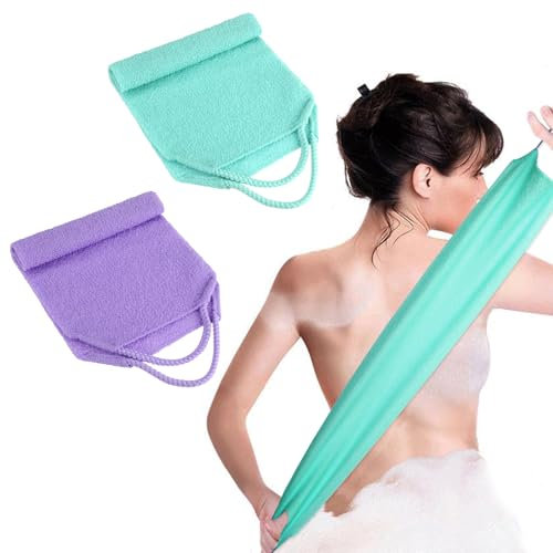 2Pcs Back Scrubber Nylon Exfoliating Washcloth Body Bath Pull Strap Scrubber with Handles Extended Length Washers Stretchable Shower Scrubber for Face Back Cleans Skin Massages Women Men(Purple+Green)