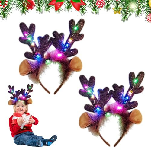 Rentier Haarreif Forhome 2PCS Geweih Haarreif Geweih Haarreif mit LED-Beleuchtung Weihnachtsgeweih Weihnachts Haarreif Weihnachts-Stirnbänder für Weihnachtszubehör und Feiertagsfeiern