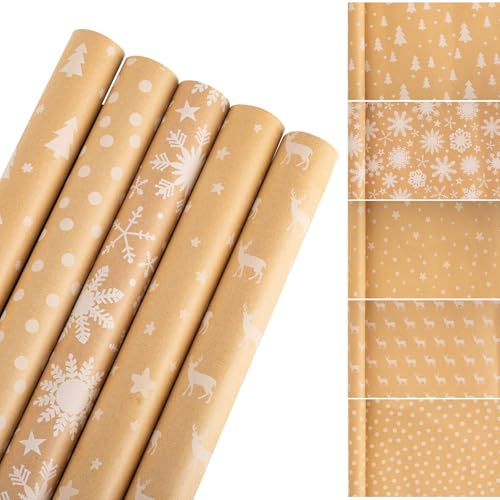 5 Rollen Weihnachts-Geschenkpapier-Rolle, 43 cm x 3 m lang, recyceltes braunes Weihnachts-Geschenkpapier, umweltfreundliches Kraftpapier, Geschenkpapier für Weihnachtsgeschenke, Kinder und Erwachsene