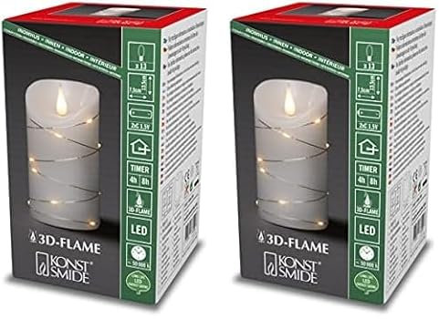 Konstsmide LED Echtwachskerze, weiß, mit 3D Flamme und silberfarbenem Draht umwickelt, mit 4h und 8h Timer, 1 warm weiße Diode / 13 LED Tropfen, batteriebetrieben, Innen - 1834-190 (Packung mit 2)