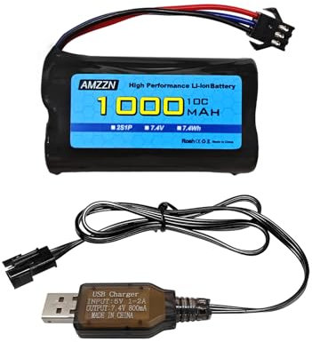 AMZZN 7.4V 1000mAh 2S batterie lithium-ion avec prise SM-3P et câble de charge USB pour DE82 TK3086B G20601 télécommande de voiture, TK-3082B stunt flip car, véhicule d'ingénierie de camion C60