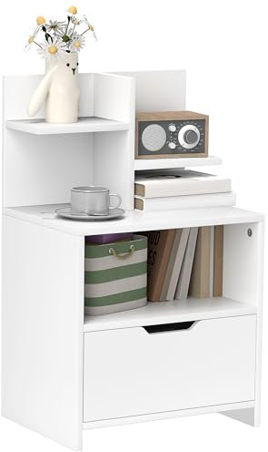 HOMCOM Table de Chevet Table de Nuit avec tiroir, Niche et étagères de Rangement Effet Bois - 45 x 35 x 73 cm Blanc
