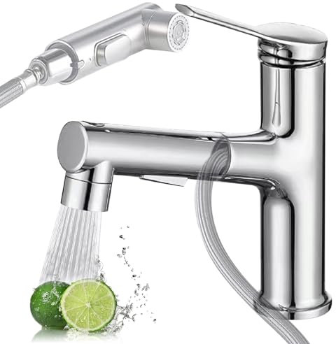 Rubinetto da bagno con estraibile, ad alta pressione con 2 tipi di getto, doccetta estraibile, caldo e freddo, miscelatore per lavabo, miscelatore monocomando (cromato)