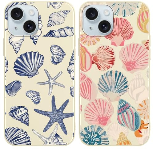 Phoona 2 Pack Cute Case for iPhone 15 6.1, Beach Blue Pink Ocean Seashell Aesthetic Preppy Summer Girly Design Pattern for Girls Women, Slim Soft Silicone Shockproof Bumper Protector Cover