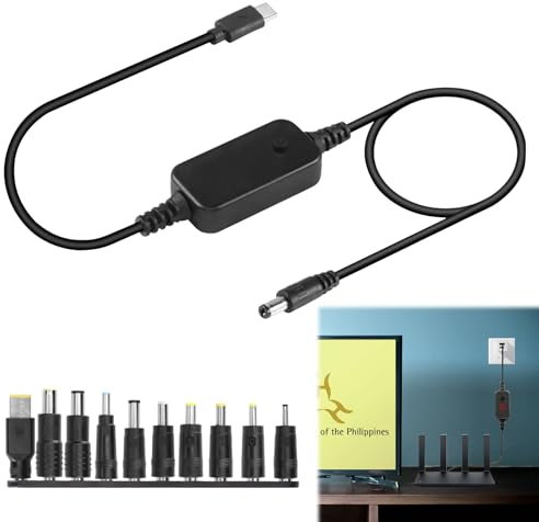 keyxer - Cable de alimentación USB C a DC (USB a DC Power Cable) con voltaje ajustable 5 V/9 V/12 V, cable USB de 5 a 12 V, universal y 10 puntas convertidoras para PC portátiles, routers