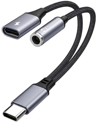 USB‑C to 3.5mm Headphone & Charger Adapter 2-in-1 USB C to Aux Audio Splitter with Fast Charging Universal Data Transfer Compatible with iPhone 16/15 Pro, iPad Pro, Galaxy S22/S21, Pixel, Grey