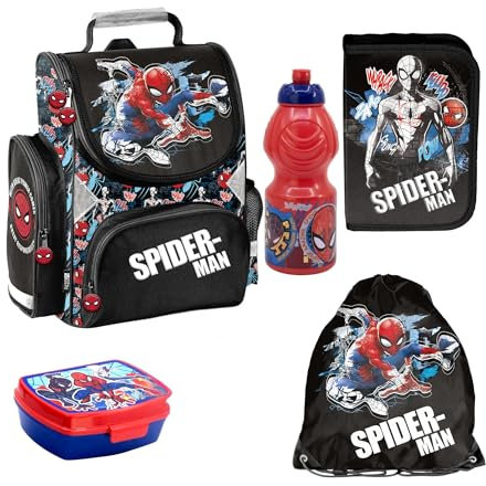 PASO - Schulranzen für Jungen, 5er-Set - Schul-Rucksack für Kinder mit Federmäppchen - Schuhbeutel Brotdose und Trinkflasche - Spiderman Motiv - 1-3 Klasse