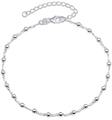 Amberta Italian Sterling Silver Anklet for Women 925 | Adjustable Ankle Bracelets for Women Beaded Heart Summer Jewellery: Beads