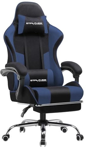 GTPLAYER Fabric Gaming Chair, Massage Ergonomic Computer Chair with Footrest, Lumbar Support, Headrest, Height Adjustable Home Office Reclining PC Racing Chairs, Blue