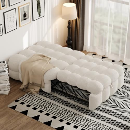 KOMHTOM Lit Simple Rembourré Polyvalent Convertible en Repose-Pieds, Cadre de lit Plateforme, Canapé-lit Tissu en Velours Teddy(sans Matelas) (Beige)