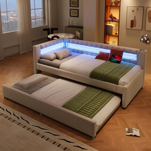 UIXENI Linen Sofa Bed with Pull-Out Bed, 90 x 200 cm Guest Bed with LED and Charging Port, Single Day Bed Frame with Slatted Frame, Without Mattress (Beige)