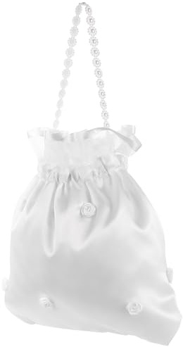 HEALEEP Weiße Satin-Brauttasche, Brautjungfer-Blumen-Handtasche, Kordelzug-Tasche für Hochzeit, dekorierter Dolly mit Blumenverzierungen, elegant, weich, Reinheit, für Mädchen, Heilige Kommunion