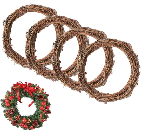 Natural Grapevine Wreath, 4 Pcs Vine Branch Wreath, 20 cm Christmas Rattan Hand-woven Rings Round Garland Rattan Branch Garland for DIY Wreaths Xmas Halloween Easter Wedding and Party Decors