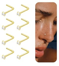 Nasenpiercing Gold Silber Damen Herren 20G Titan L-Form Nasenstecker | 8 Stück Klein Hypoallergen Wasserfest Nasenpiercing Stecker 1.5/2/3MM Zirkonia Nasenring Nostril Piercing Schmuck Set