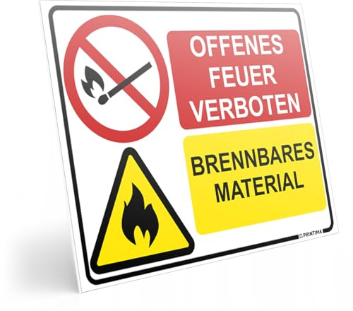 PRINTIMA Warnschild Offenes Feuer verboten – Brennbares Material 40x30cm – PVC-Sicherheitsschild inkl. Montagedübel – Feuer- und Explosionsschutz für Lager, Betriebe & Werkstätten