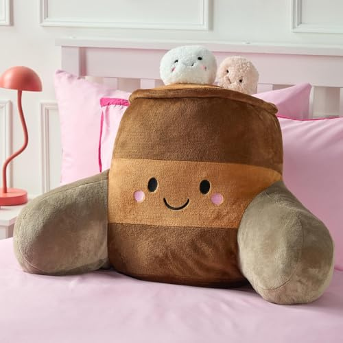 OHS Hot Chocolate Cuddle Cushion, Reading Pillow for Bed Adults Super Soft Teddy Fleece Kids Cushions with Arms Back Cushion Snuggle Hug Pillow Relaxing At Home, Brown - 45 x 40 x 30cm