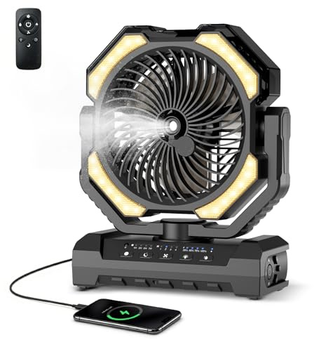 Ateroll 20000 mAh Akku Camping Ventilator mit Sprühnebel, USB Ventilator Akku mit Fernbedienung, LED, Aufhängehaken Tischventilator Für Zelt, Outdoor, Zuhause,Terrasse, Reisen