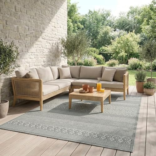 Mia´s Teppiche Denver robuster Outdoor Teppich, modern, Wetterfest & UV-beständig, für Balkon, Terrasse und Wintergarten, flach, auch für Küche oder Esszimmer, Grau, 240 x 340 cm