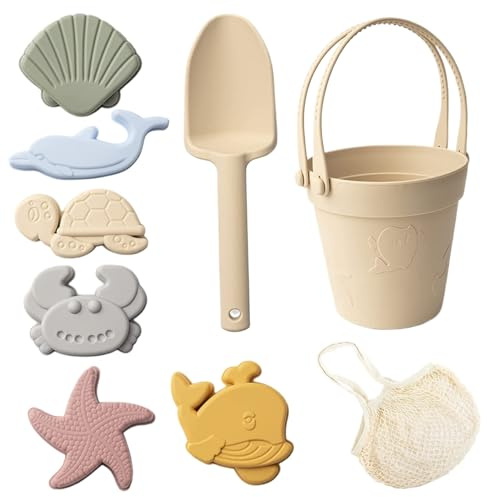 8 pièces Jouets de Sable pour Enfants Jouets de Plage en Silicone sûrs avec Seau à Pelle et moules à Sable boîte étanche pour Voyage été extérieur Plage pour Tout-Petits Beige
