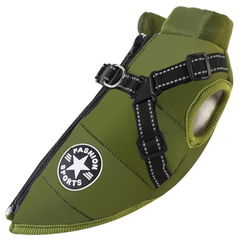 Emmalove Wasserdichter Hundemantel – Winterjacke mit Geschirr, reflektierend & Winddicht für kleine/mittelgroße Hunde (Gruen,L)