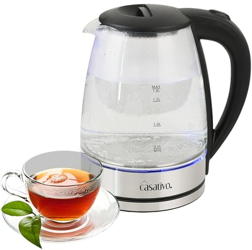 Casativo Edler Glas-Wasserkocher 1,8L mit blauem LED-Licht, Edelstahl, 2200W - Teekocher mit Abschaltautomatik & Trockenbetriebsschutz