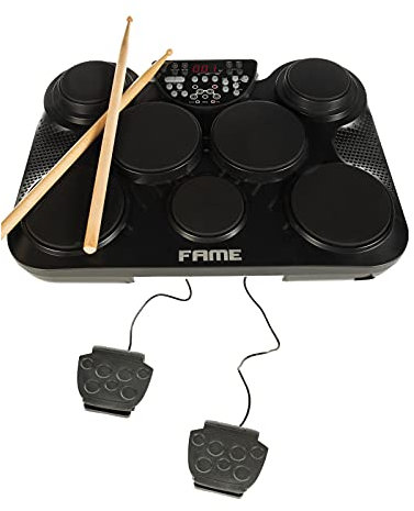 Fame Digital Drum, Elektronisches Schlagzeug anschlagsdynamisch mit Fußtastern, Gummi Pads, 265 Sounds, Coach Funktion, Recording, Drum Set für Einsteiger, DD-350 schwarz