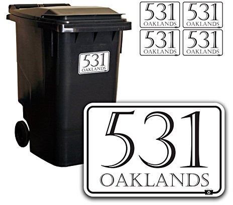Personalised Printed Wheelie Bin Number Stickers with number and road Name - A6 Vinyl Waste Container Decals - set of 4