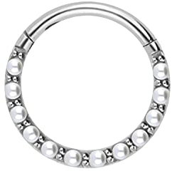 PIERCINGLINE Chirurgenstahl Segmentring Clicker SYNTHETISCHE PERLEN | silberfarben | Piercing Ring Septum Helix Tragus