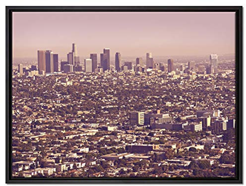 Pixxprint Skyline von Los Angeles Leinwandbild 80x60 cm im Bilderahmen, Wandbild, Schattenfugenrahmen, Kein Poster