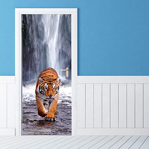 TMANQ Türtapete Selbstklebend Türposter Tier Tiger Wasserfall Landschaft 3D Bewirken Fototapete Türfolie Poster Tapete Abnehmbar Wandtapete Für Wohnzimmer Küche Schlafzimmer 77X200CM Wandbild Wohnkult