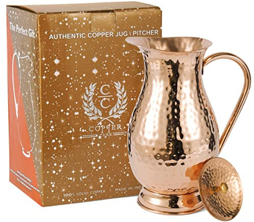 Pure Copper Pitcher with a Lid, Large Size Solid Copper Handcrafted Copper Water Hammered Jug, Capacity 70 Oz/2000ml, Copper Carafe For Home, Hotels & Gifting